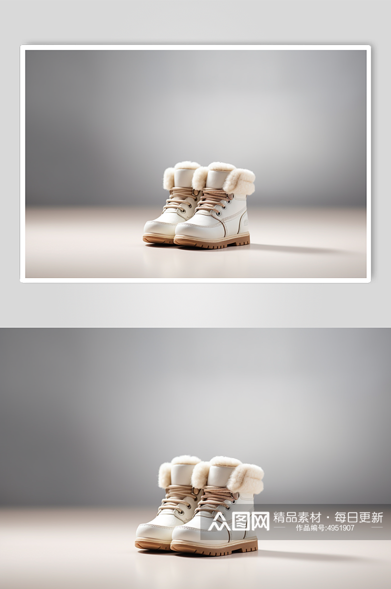 AI数字艺术冬季加厚白色雪地靴摄影图片素材