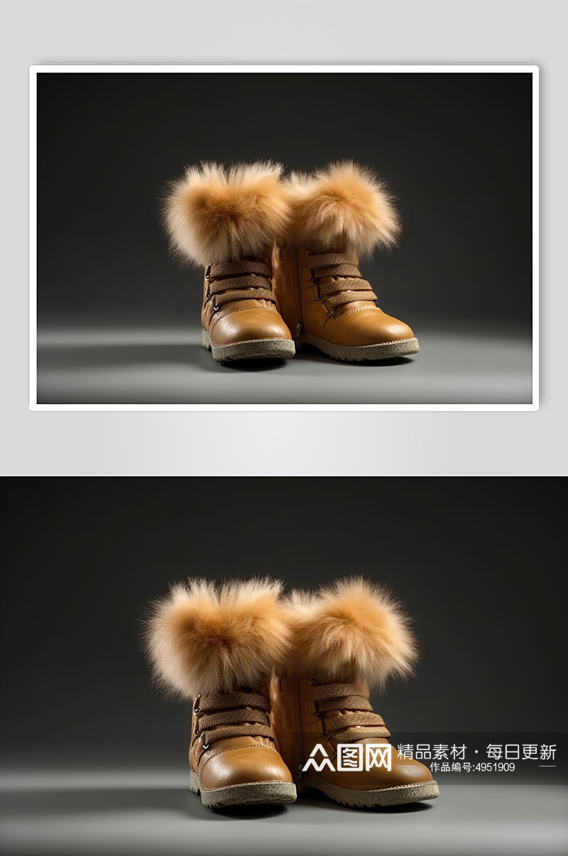 AI数字艺术冬季加厚棕色雪地靴摄影图片素材