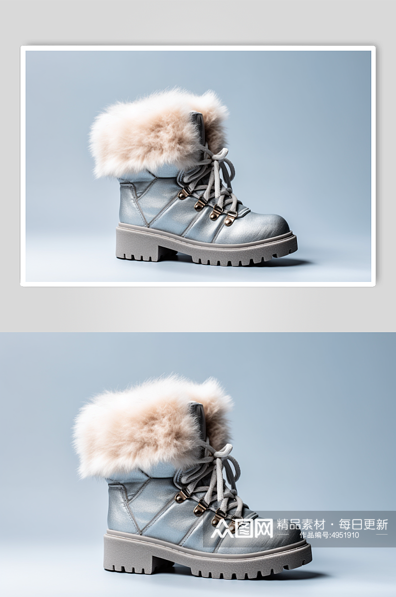 AI数字艺术冬季加厚银色雪地靴摄影图片素材