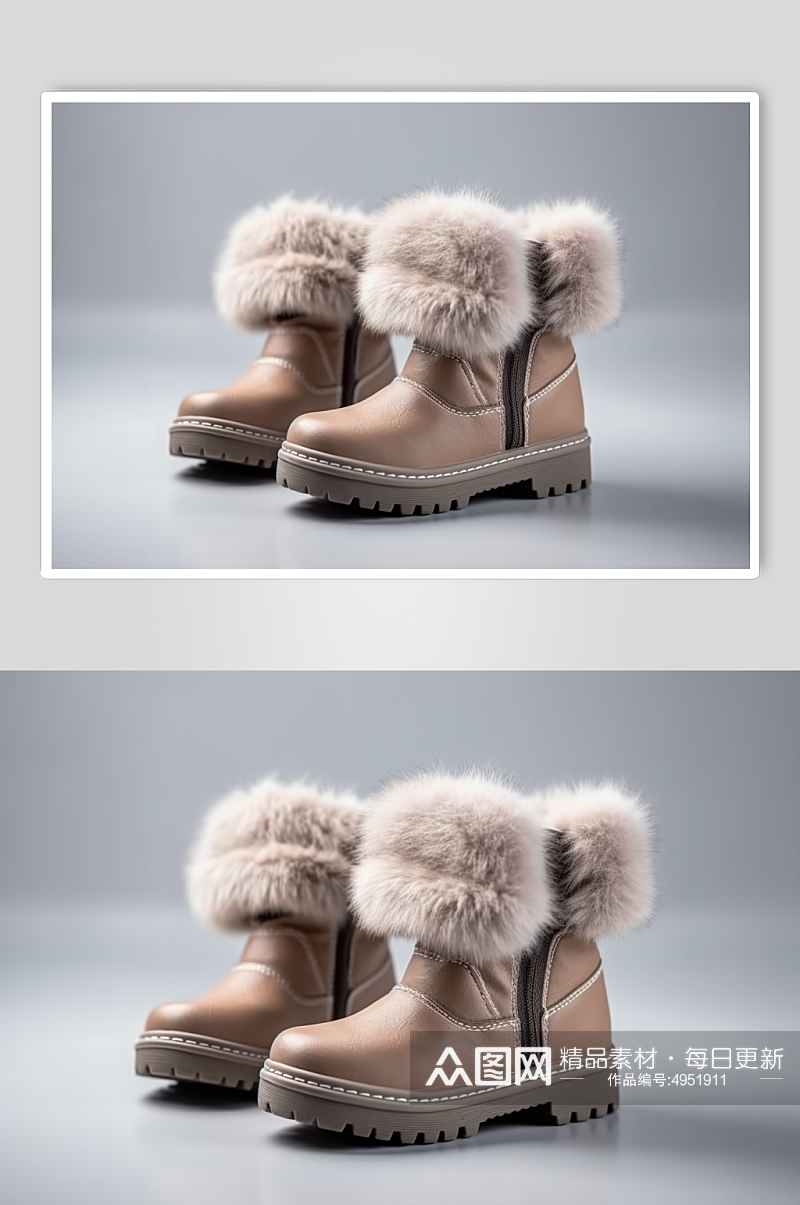 AI数字艺术冬季加厚棕色雪地靴摄影图片素材
