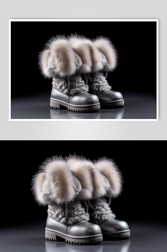 AI数字艺术冬季加厚银色雪地靴摄影图片
