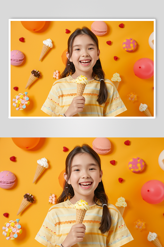 AI数字艺术夏季吃雪糕冰淇淋儿童人物摄影图-众图网