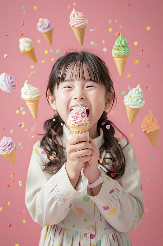 AI数字艺术夏季吃雪糕冰淇淋儿童人物摄影图-众图网