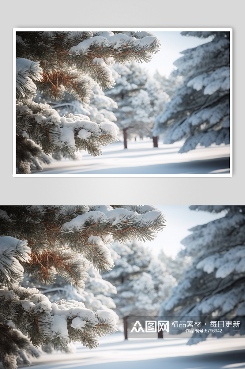AI数字艺术冬季雪景雪松风景摄影图素材