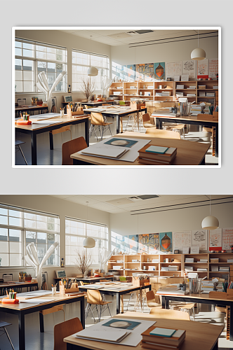 数字艺术校园学校教室课桌椅场景摄影图