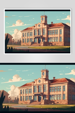 AI数字艺术简洁手绘学校教学楼建筑插画