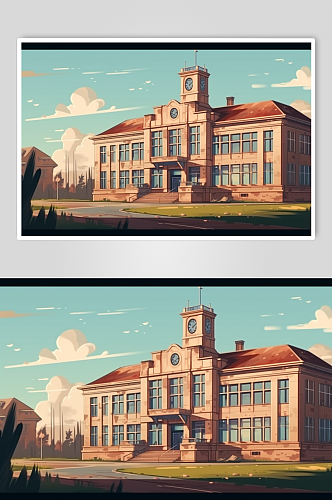 AI数字艺术简洁手绘学校教学楼建筑插画