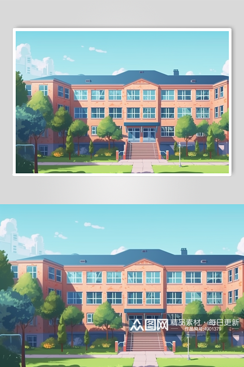 AI数字艺术简洁手绘学校教学楼建筑插画素材