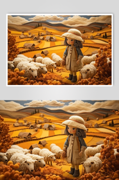 AI数字艺术羊毛毡风格秋季人物风景插画