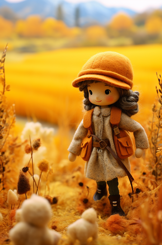 AI数字艺术羊毛毡风格秋季人物风景插画