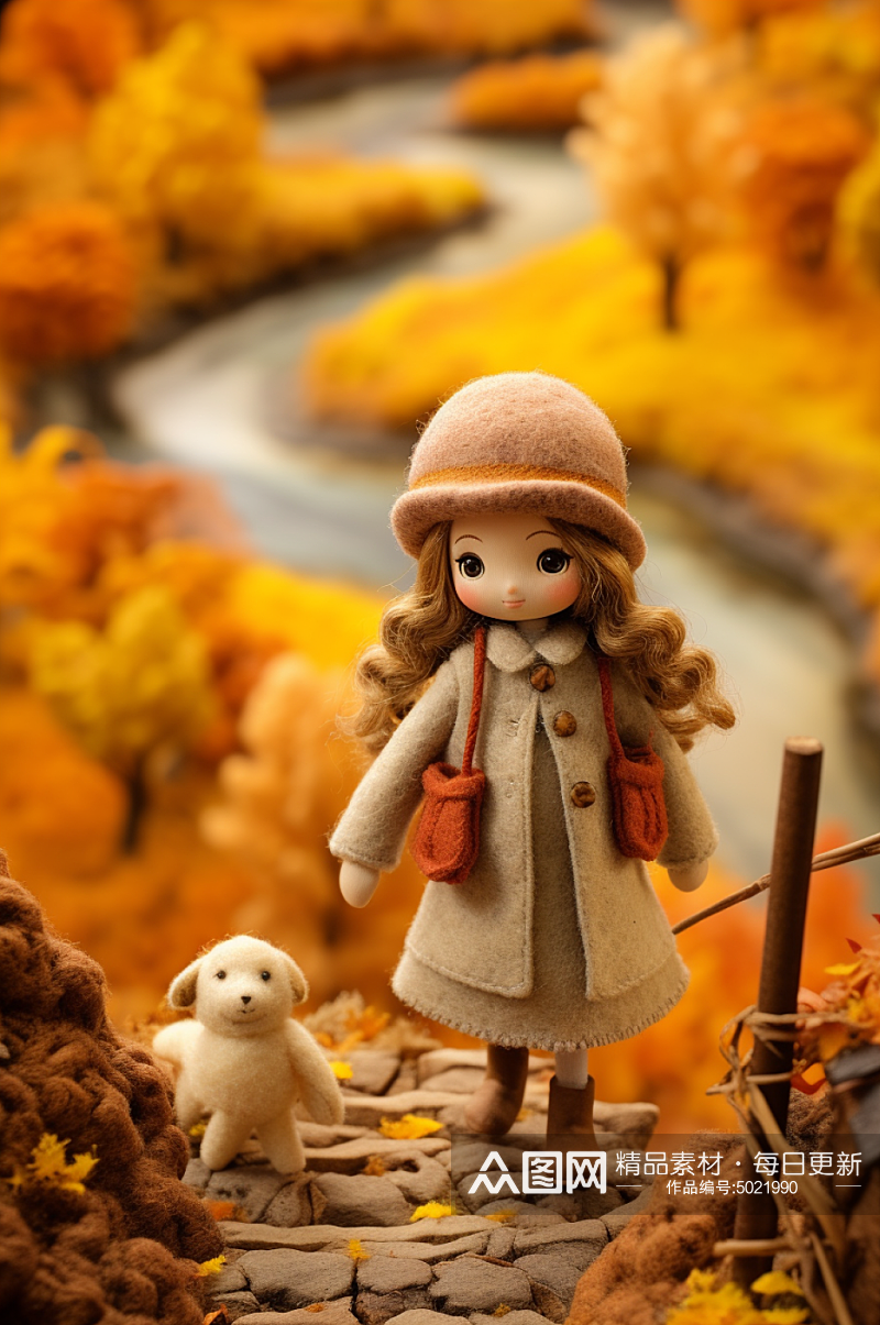 AI数字艺术羊毛毡风格秋季人物风景插画素材