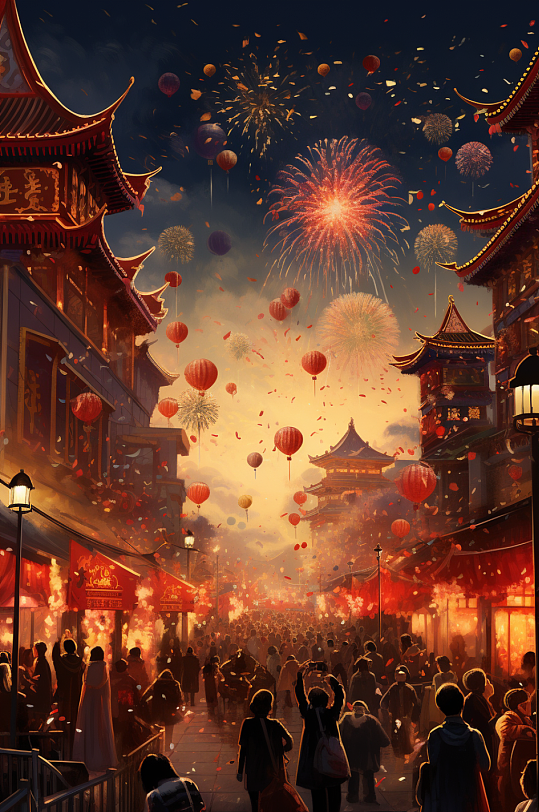 AI数字艺术新年元旦烟花盛典人群插画