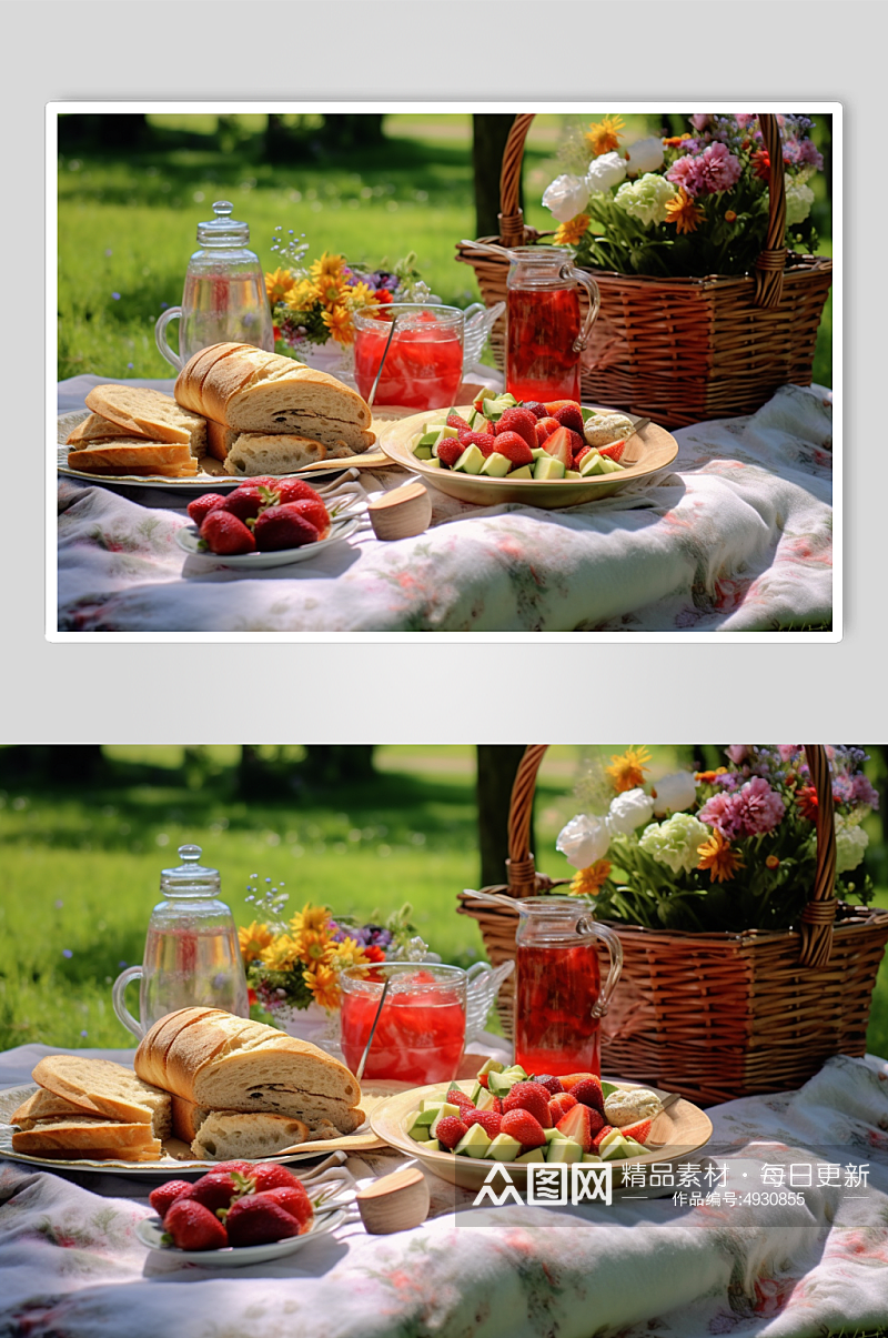 AI数字艺术高清水果面包户外野餐摄影图片素材