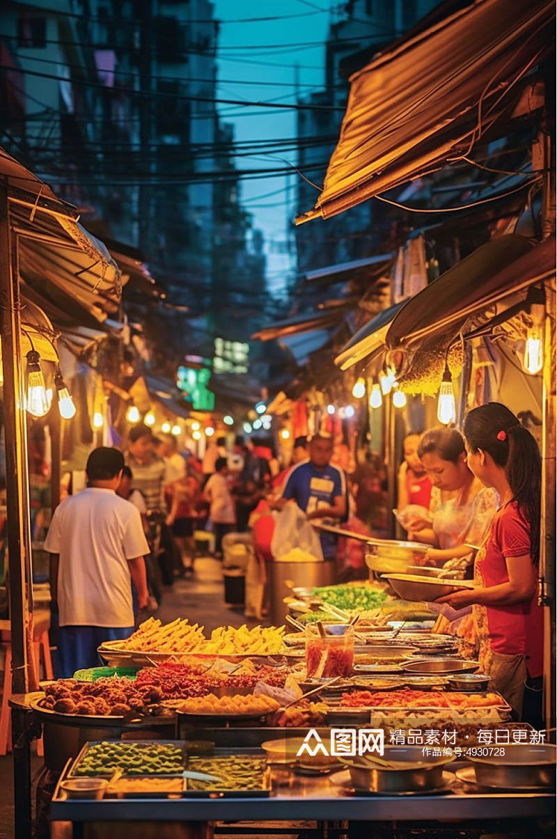 AI数字艺术高清摆摊夜市小吃街摄影图片素材