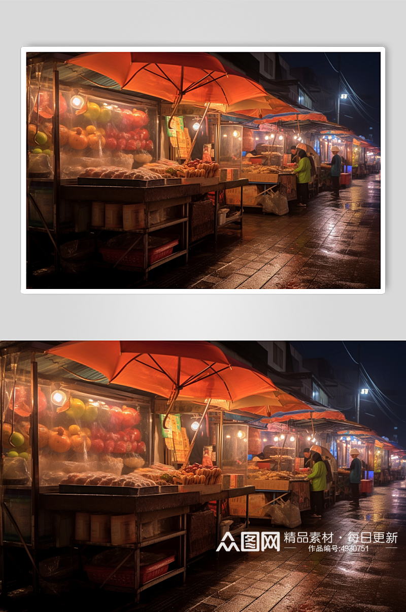 AI数字艺术简约摆摊夜市小吃街摄影图片素材