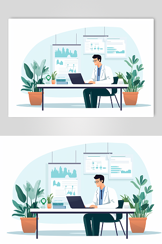 AI数字艺术扁平化医疗医生会议人物插画
