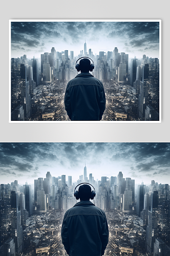 AI数字艺术听音乐的人剪影城市摄影图片