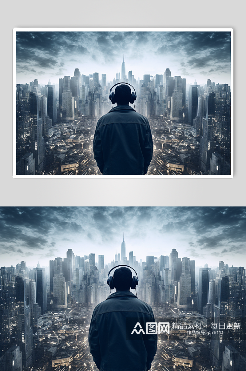 AI数字艺术听音乐的人剪影城市摄影图片素材