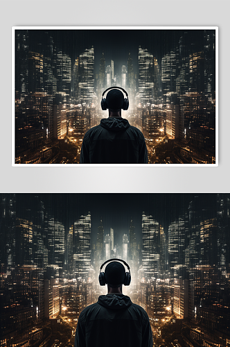 AI数字艺术听音乐的人剪影城市摄影图片