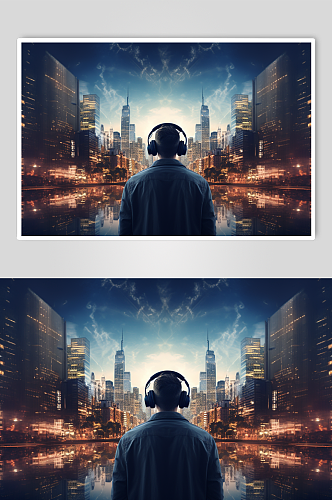 AI数字艺术听音乐的人剪影城市摄影图片
