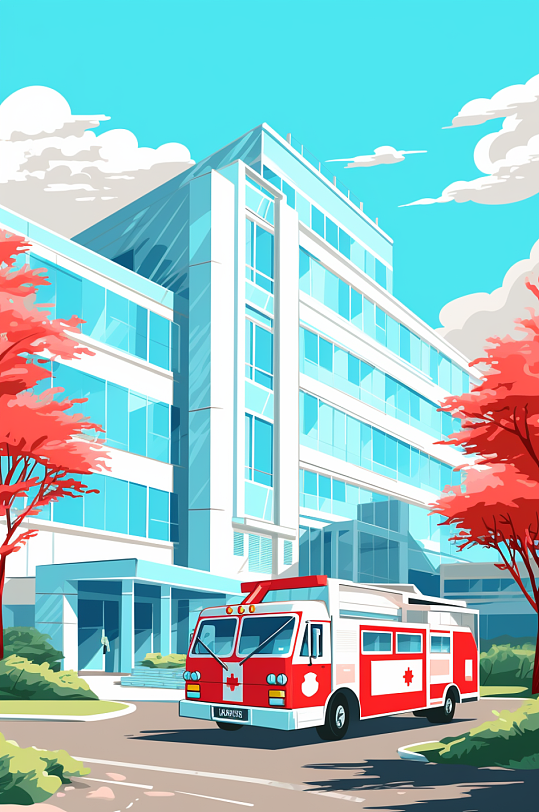 AI数字艺术城市医院大楼建筑插画-众图网