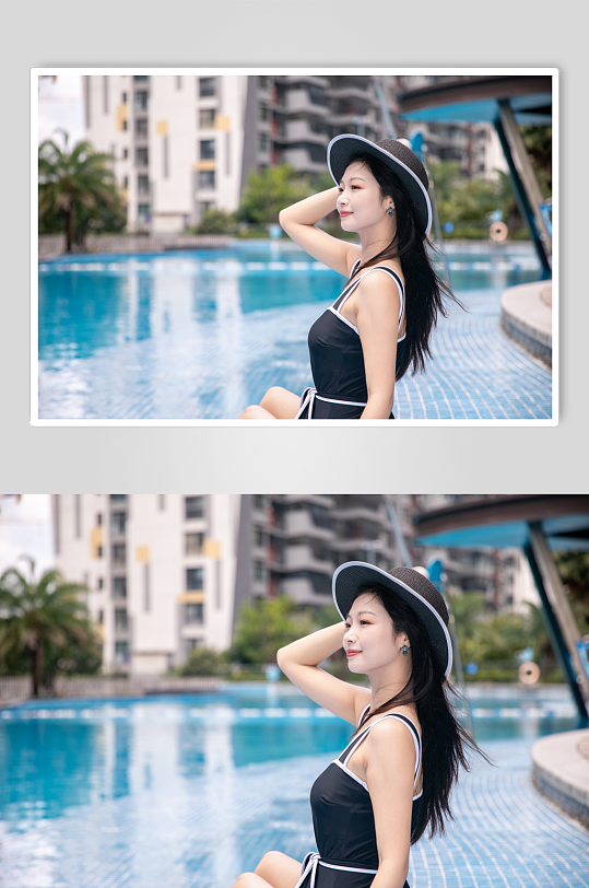 黑色泳衣女性泳池泳装人物摄影图片