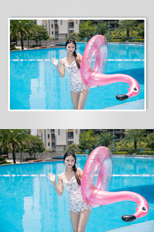 白色碎花泳衣女性泳池泳装人物摄影图片-众图网