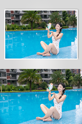 白色碎花泳衣女性泳池人物图片