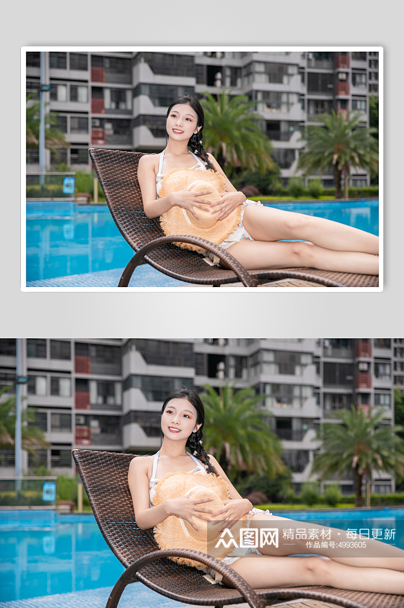 白色碎花泳衣女性泳池泳装人物摄影图片素材