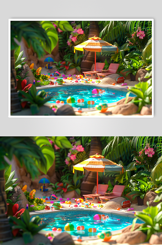 AI数字艺术夏季泳池电商C4D模型场景
