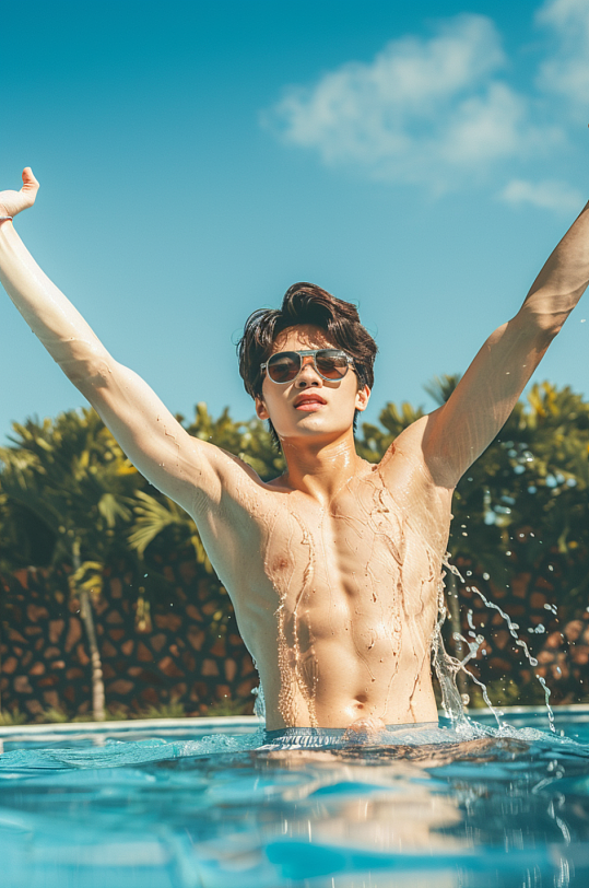 AI数字艺术夏季网红泳池度假人物摄影图-众图网