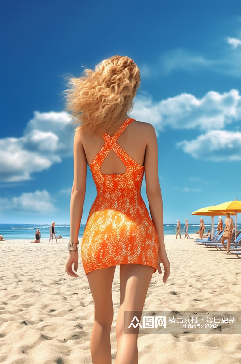 AI数字艺术夏季旅游泳装人物背影摄影图片素材