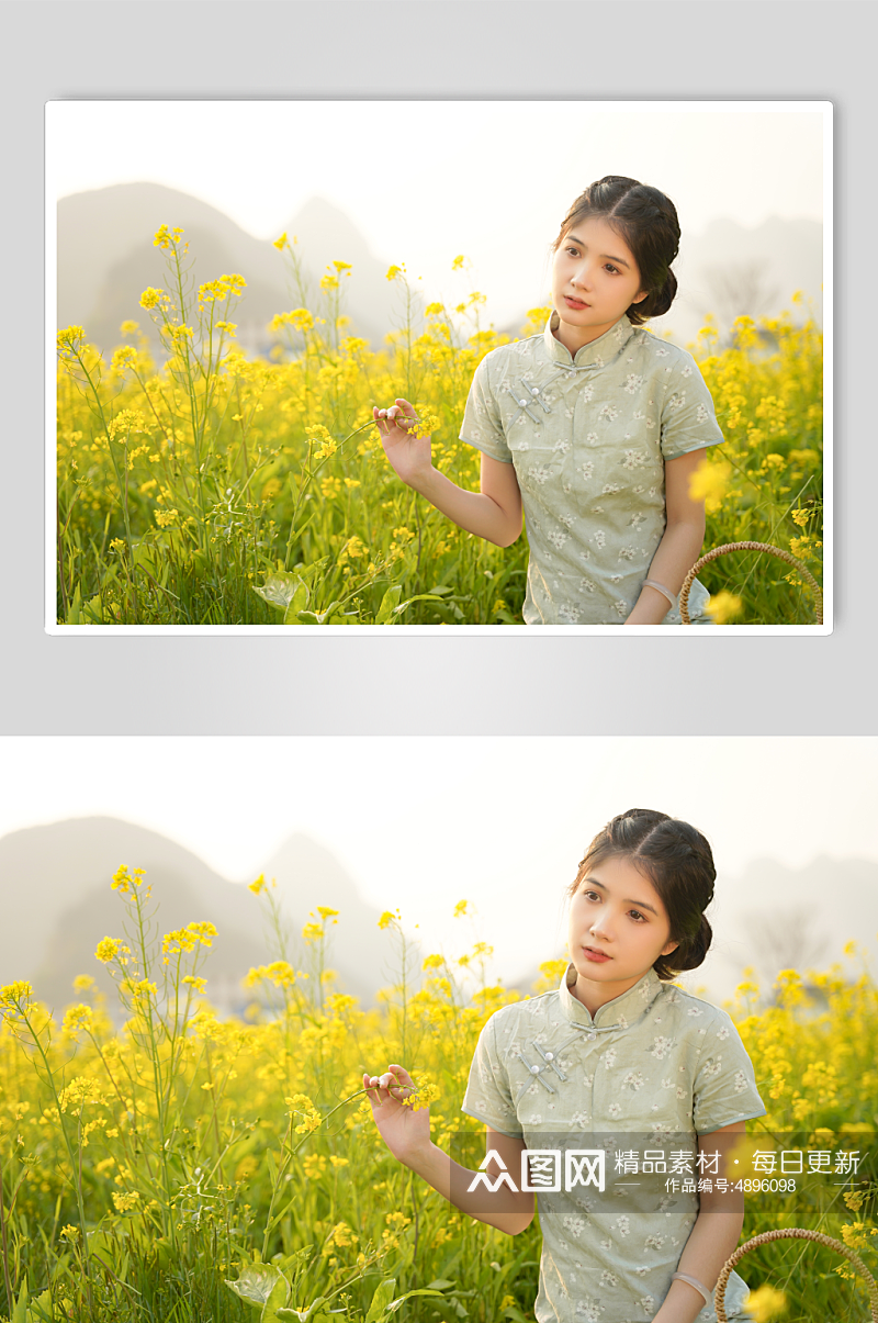 清新女孩身穿裙子油菜花人物摄影图片素材