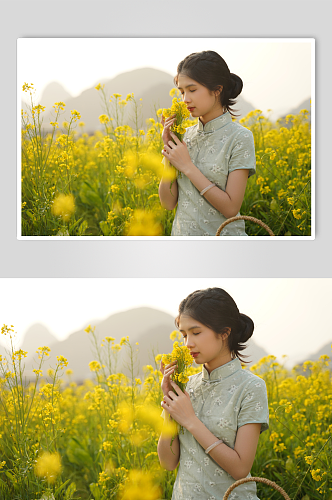 清新女孩手拿花油菜花人物摄影图片