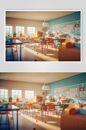 AI数字艺术清新简洁幼儿园教室摄影图片