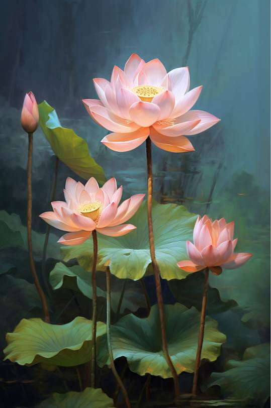 ai数字艺术清新粉色荷花油画风荷花卉插画