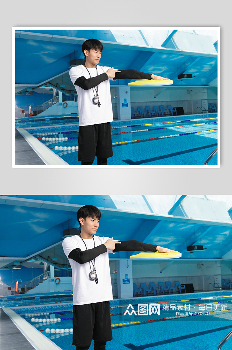 夏日男生手拿浮板游泳男教练人物摄影图片素材