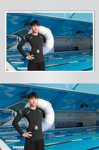 夏日男生手拿泳圈游泳男教练人物摄影图片