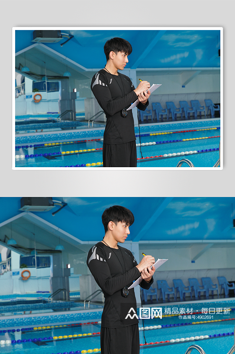 高清泳池游泳男教练人物摄影图片素材