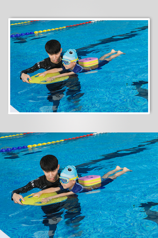 夏日小孩背漂游泳男教练人物摄影图片-众图网