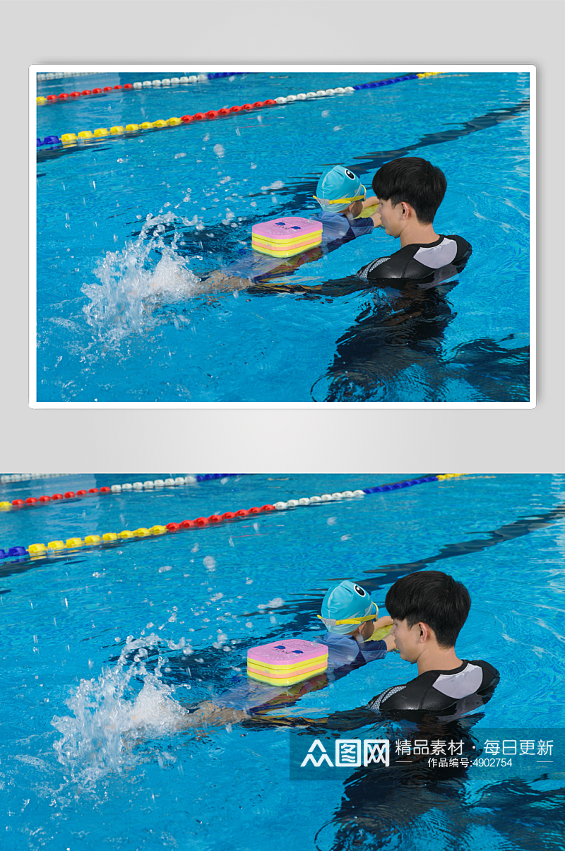 夏日小孩背漂游泳男教练人物摄影图片素材