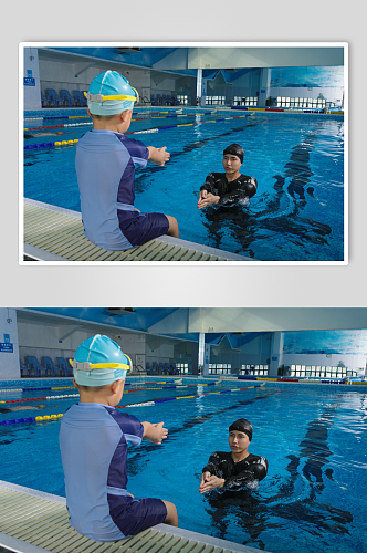 高清小孩学游泳男教练人物摄影图片