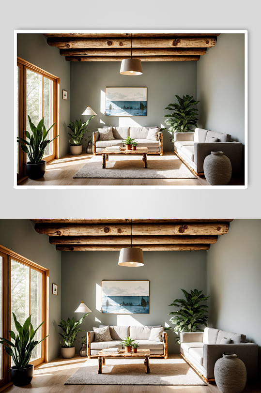 AI数字艺术原木风客厅室内效果图-众图网