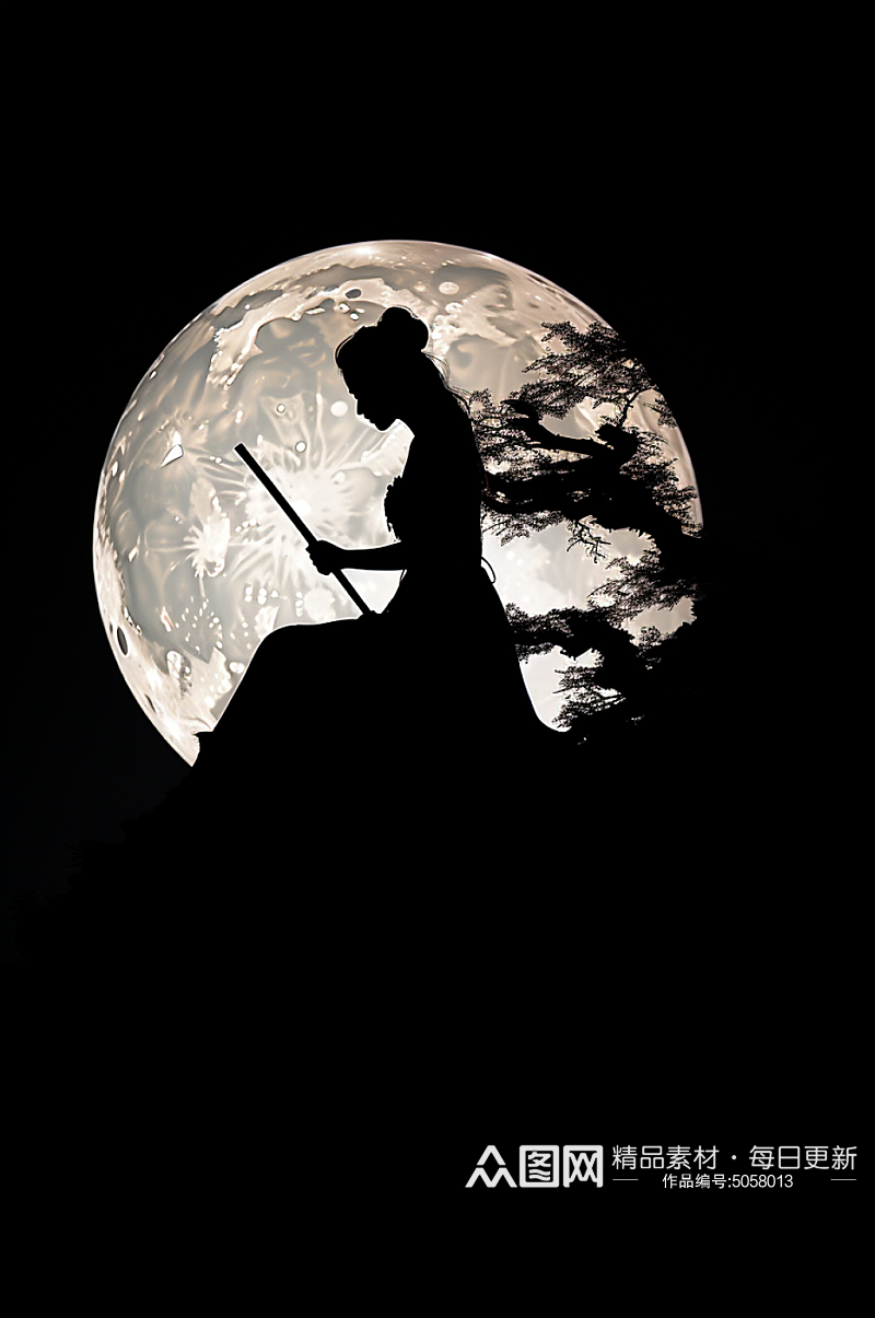 AI数字艺术中秋节月亮人物剪影摄影图素材