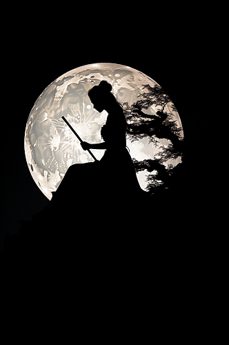 AI数字艺术中秋节月亮人物剪影摄影图