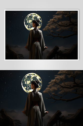 AI数字艺术中秋节月亮人物背影摄影图