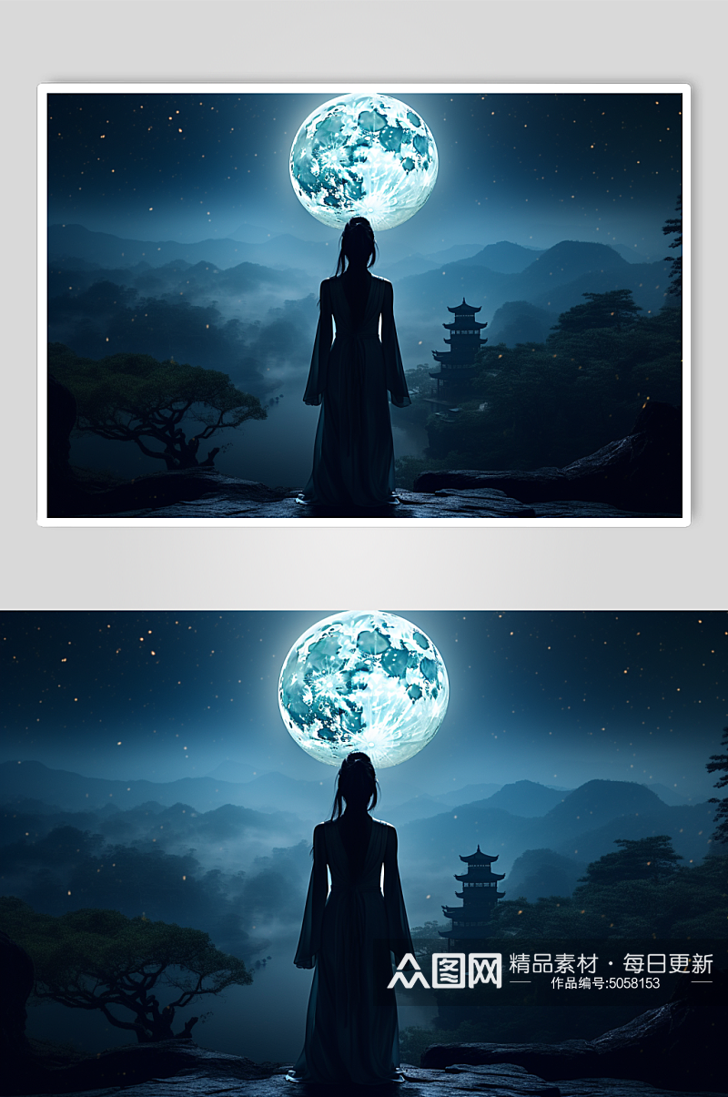 AI数字艺术中秋节月亮人物背影摄影图素材
