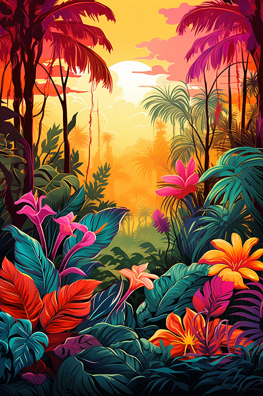 AI数字艺术热带雨林植物背景图