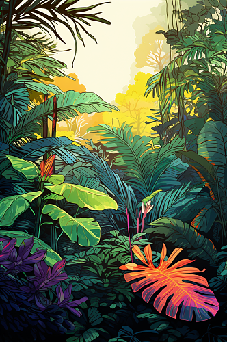 AI数字艺术热带雨林植物背景图