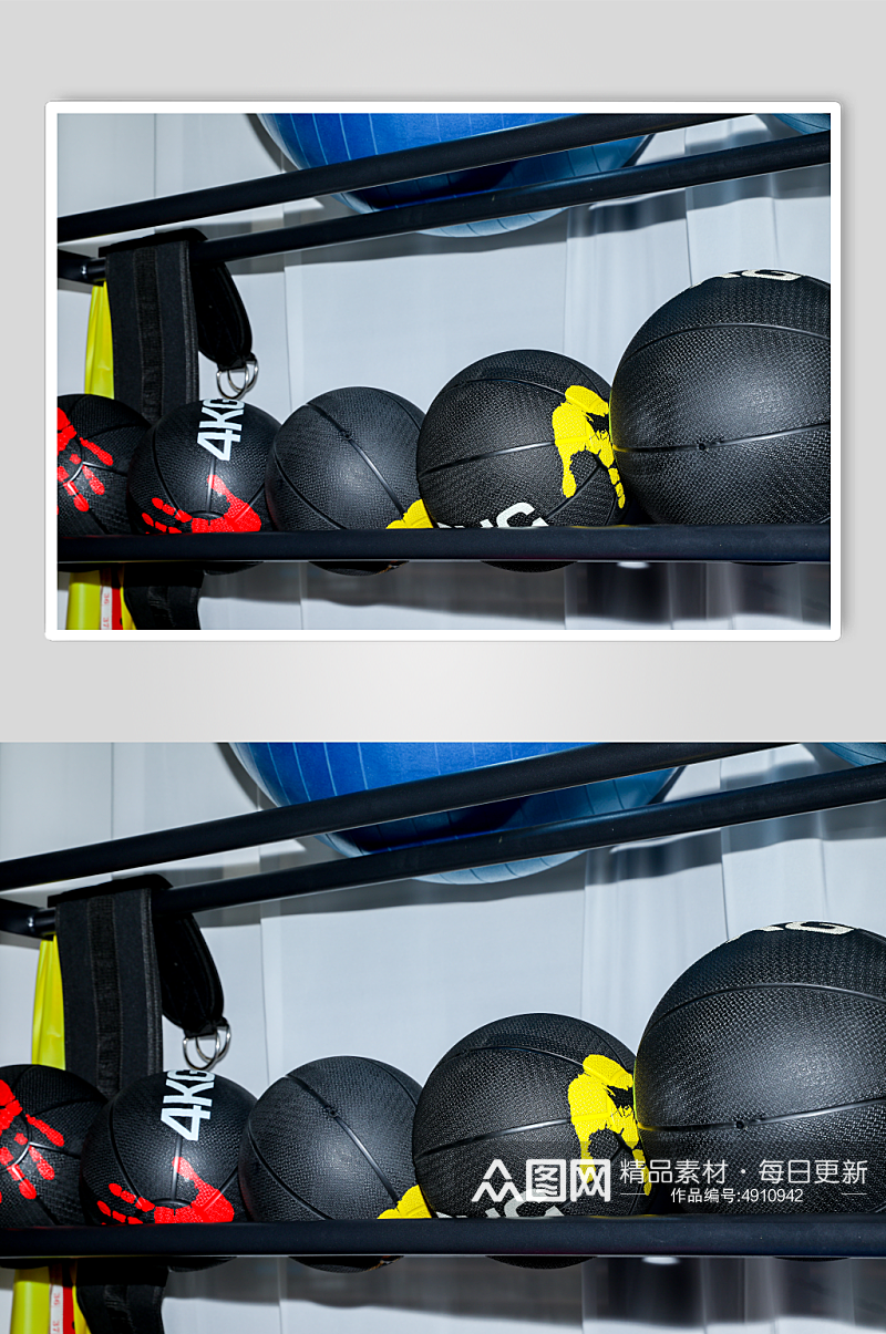健身房锻炼器械实心橡胶球摄影图片素材